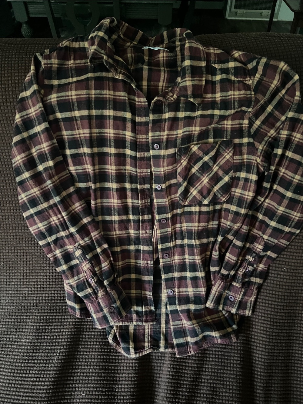 Ladies Plaid Flannel Shirt - Burgundy, Black & Cream